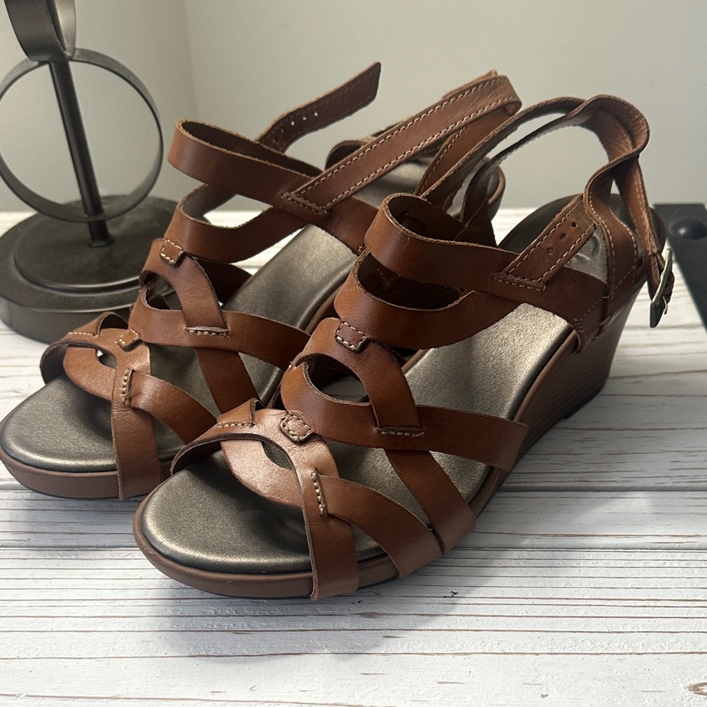 Clarks Tan Strappy Wedge Sandals